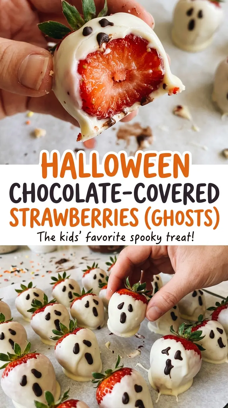 Halloween chocolate-covered strawberries (ghosts) with piped chocolate faces