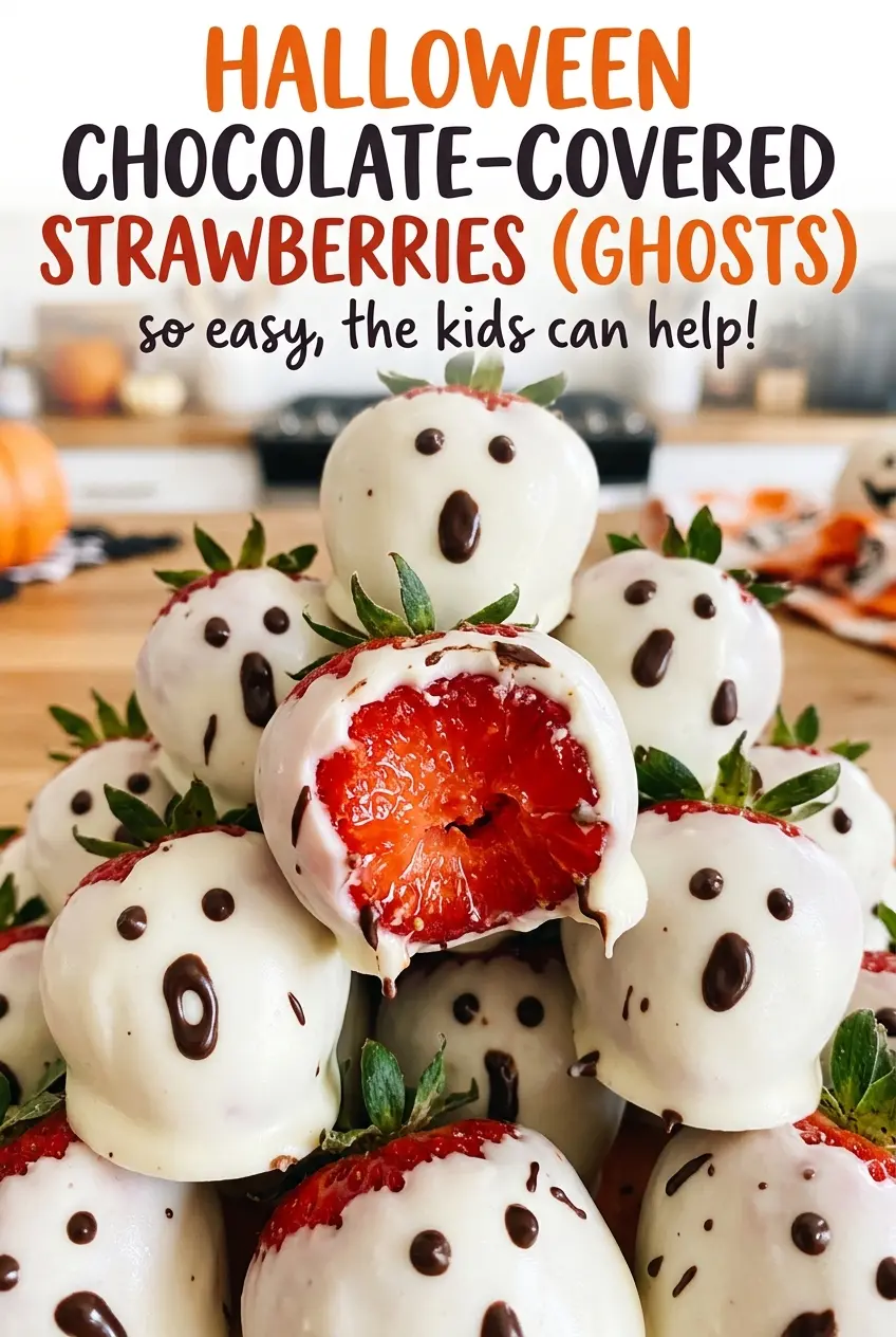 Halloween chocolate-covered strawberries (ghosts) with white chocolate faces
