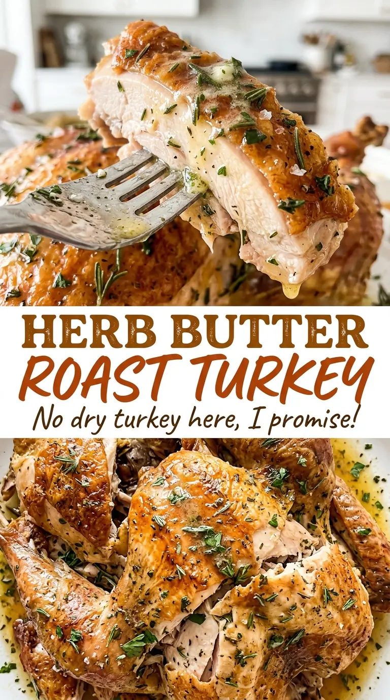 Herb Butter Roast Turkey with fresh herbs and juicy slices