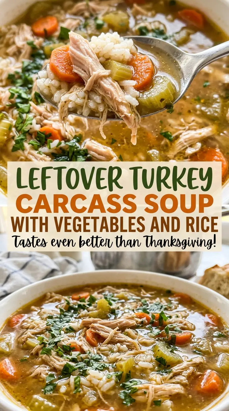 Leftover turkey carcass soup with vegetables and rice, hearty bowl
