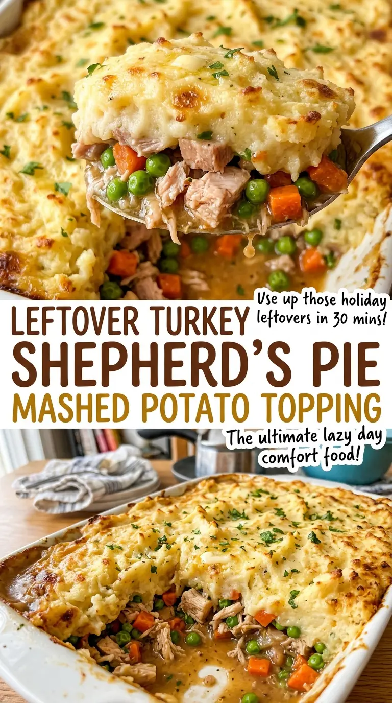 Leftover Turkey Shepherd's Pie with Mashed Potato Topping, bubbling savory filling
