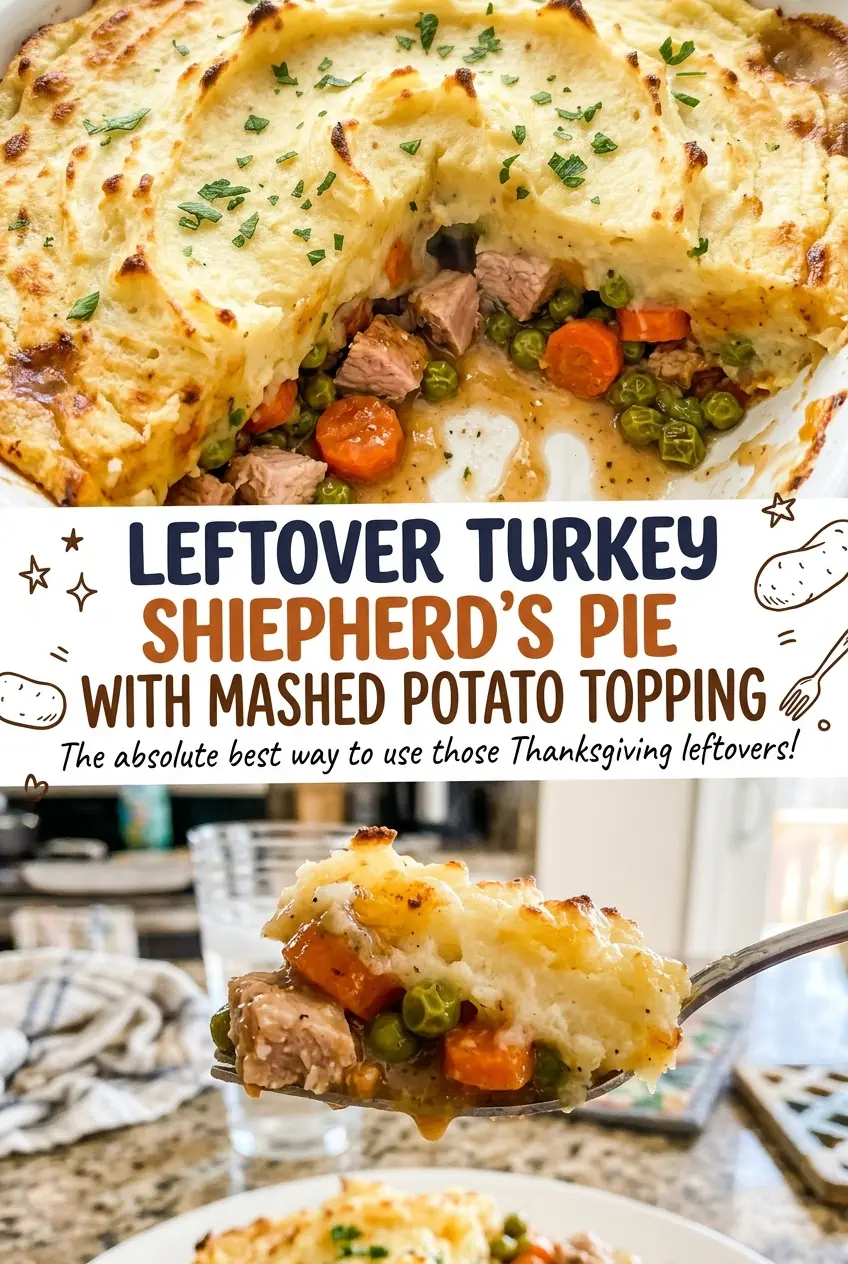 Leftover Turkey Shepherd's Pie with Mashed Potato Topping, golden potato crust