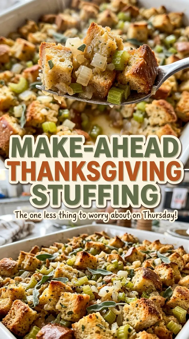 Make-Ahead Thanksgiving Stuffing savory, golden casserole