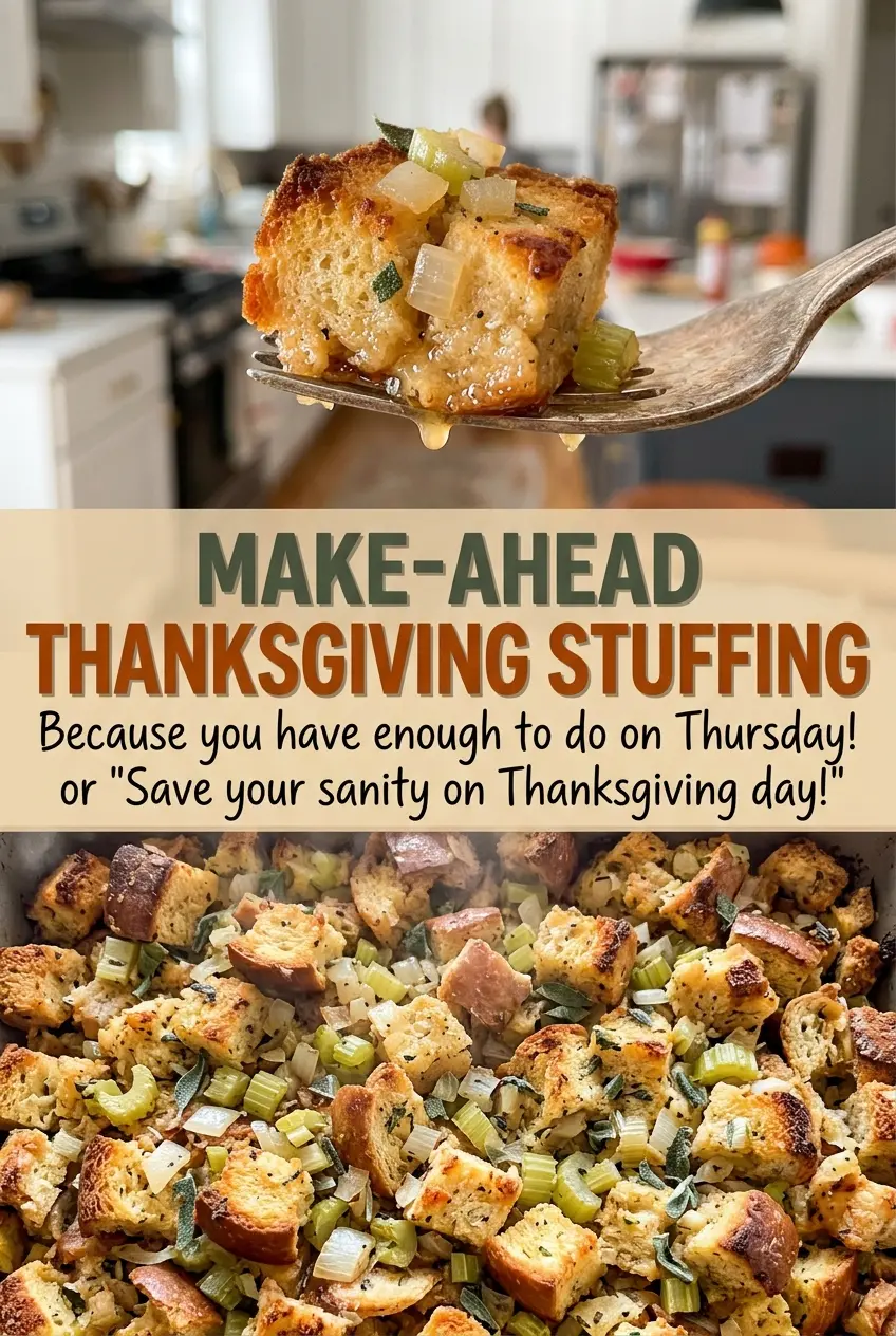 Make-Ahead Thanksgiving Stuffing golden, crisp top