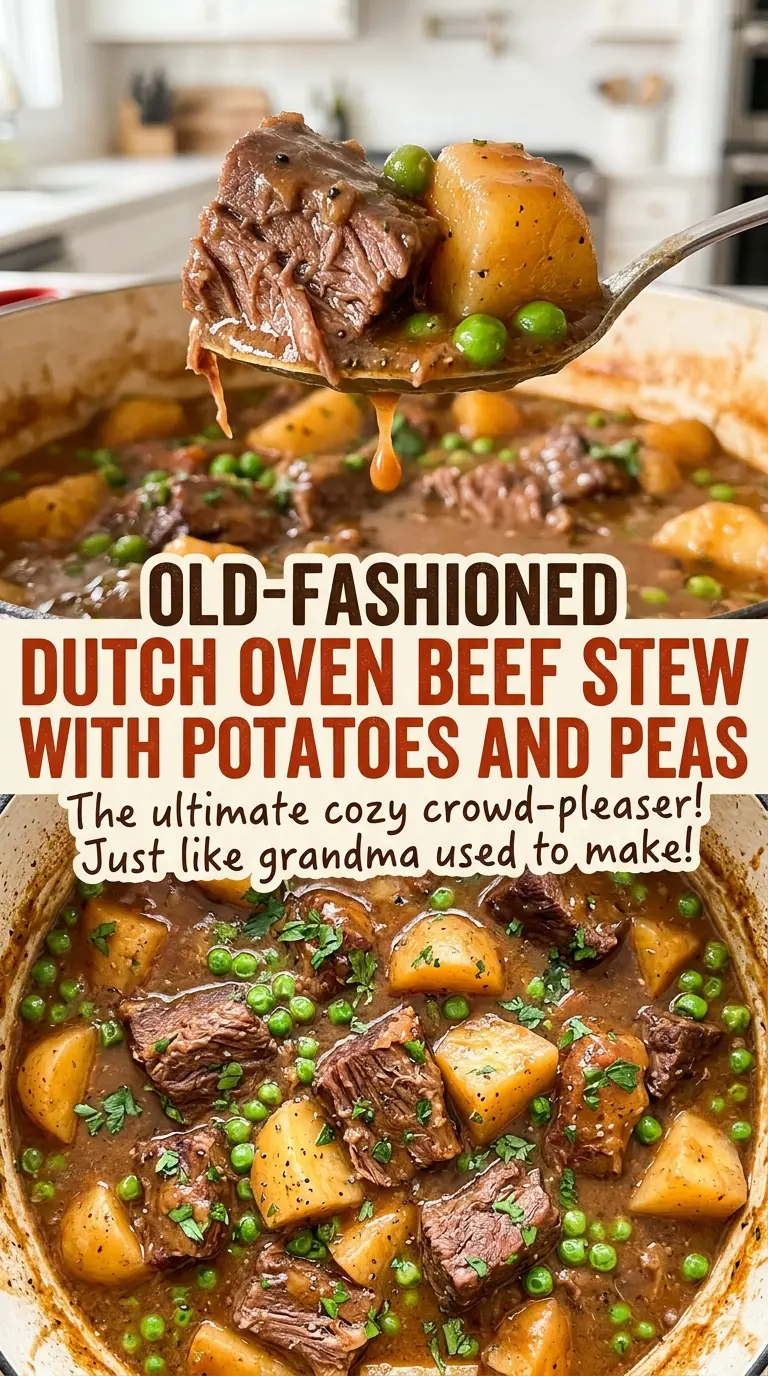 Old-Fashioned Dutch Oven Beef Stew with Potatoes and Peas, savory and tender