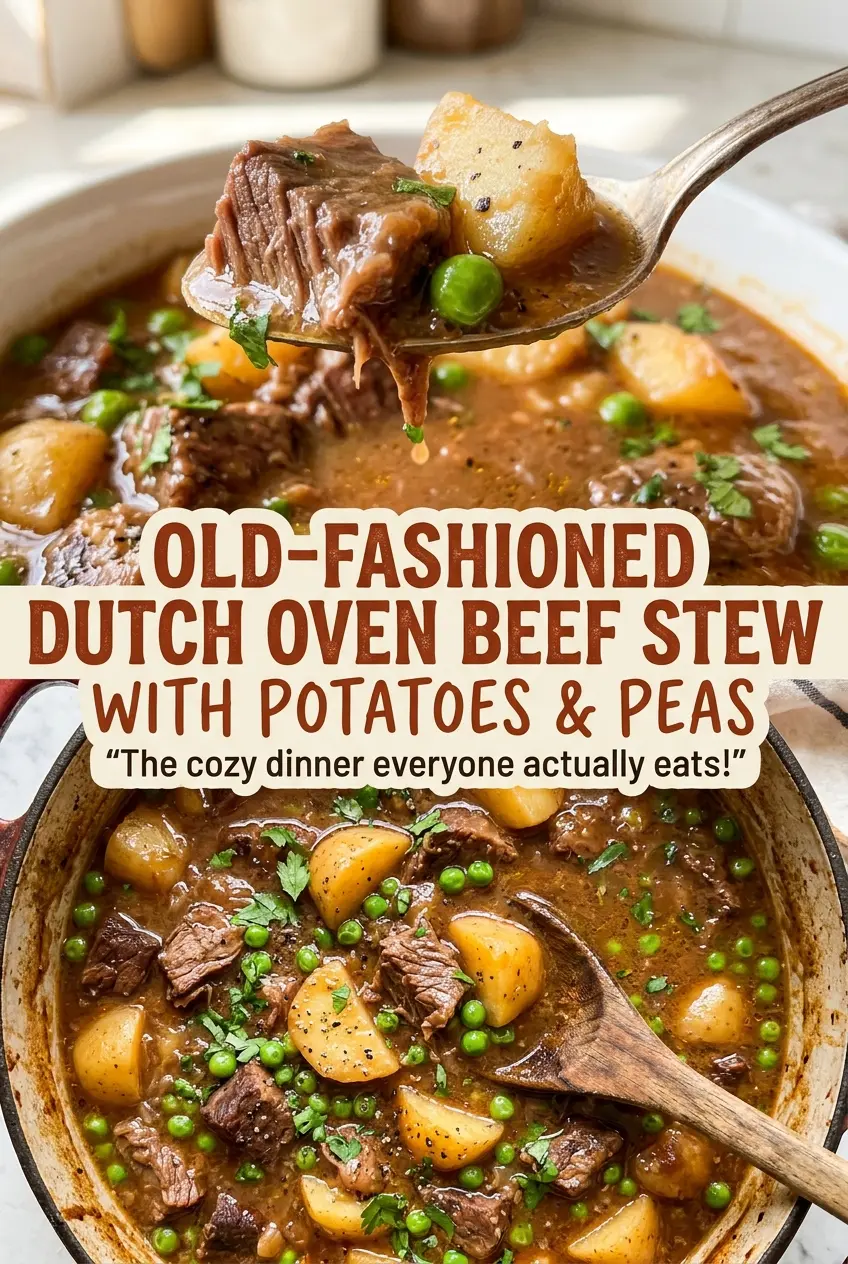 Old-Fashioned Dutch Oven Beef Stew with Potatoes and Peas, rich and hearty