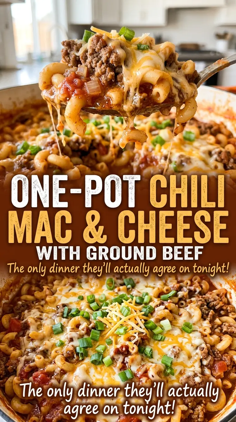 One-pot chili mac and cheese with ground beef, hearty cheesy
