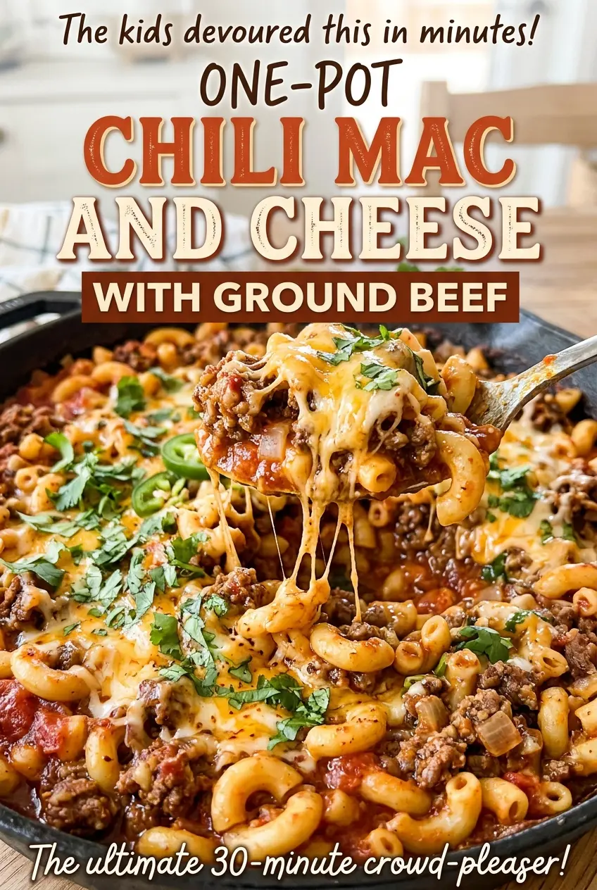 One-pot chili mac and cheese with ground beef, cheesy tomato