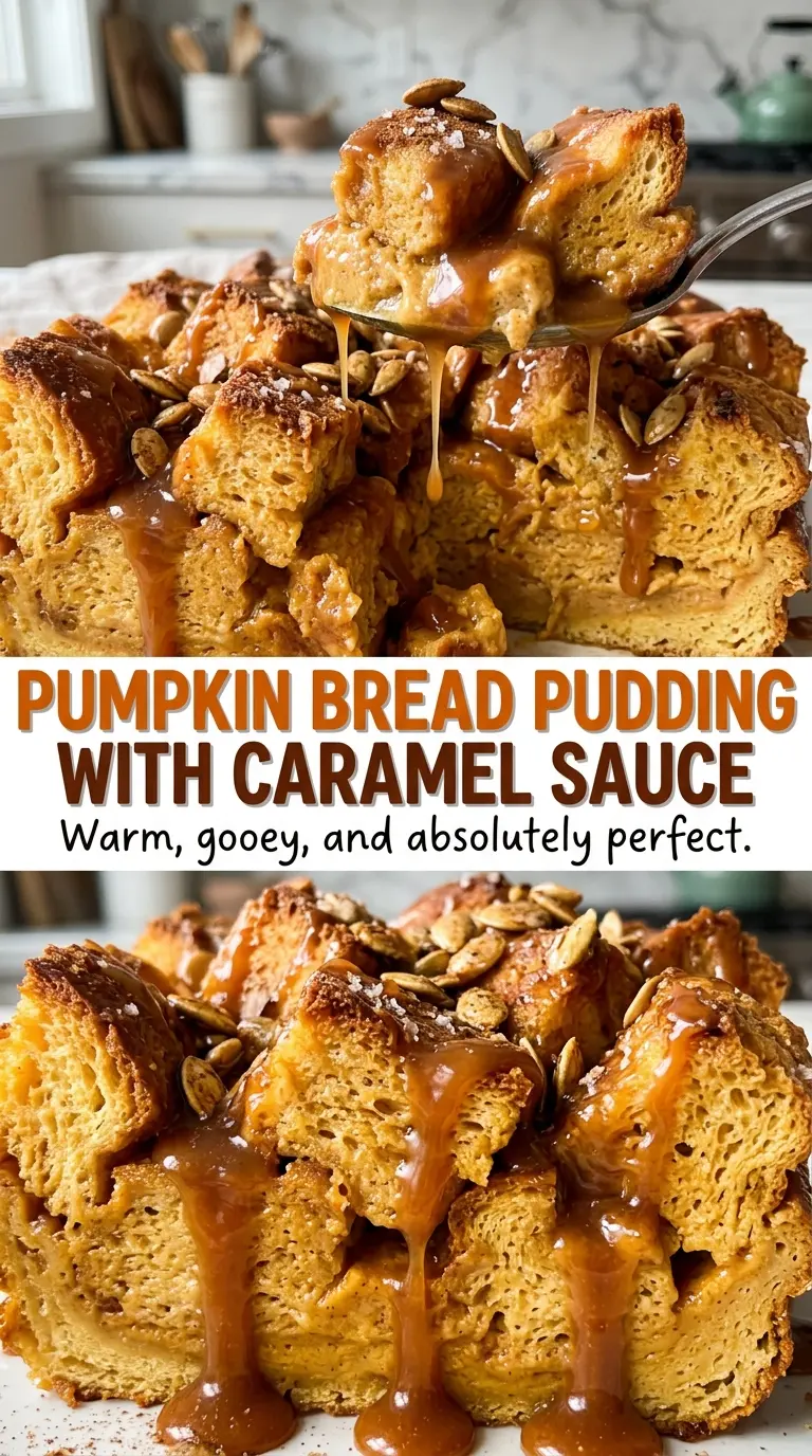 Pumpkin bread pudding with caramel sauce, spiced challah bake