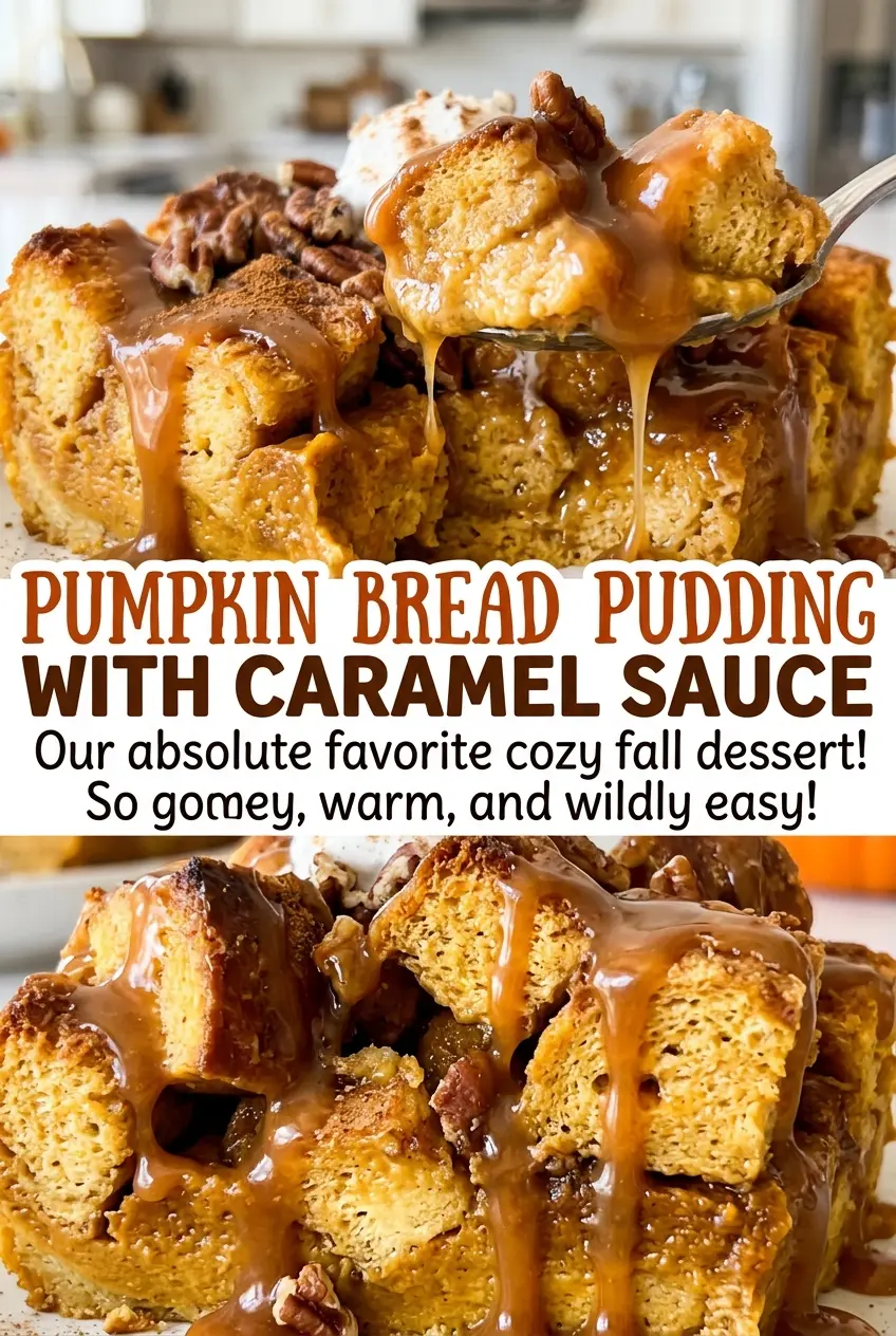 Pumpkin bread pudding with caramel sauce, golden custard squares