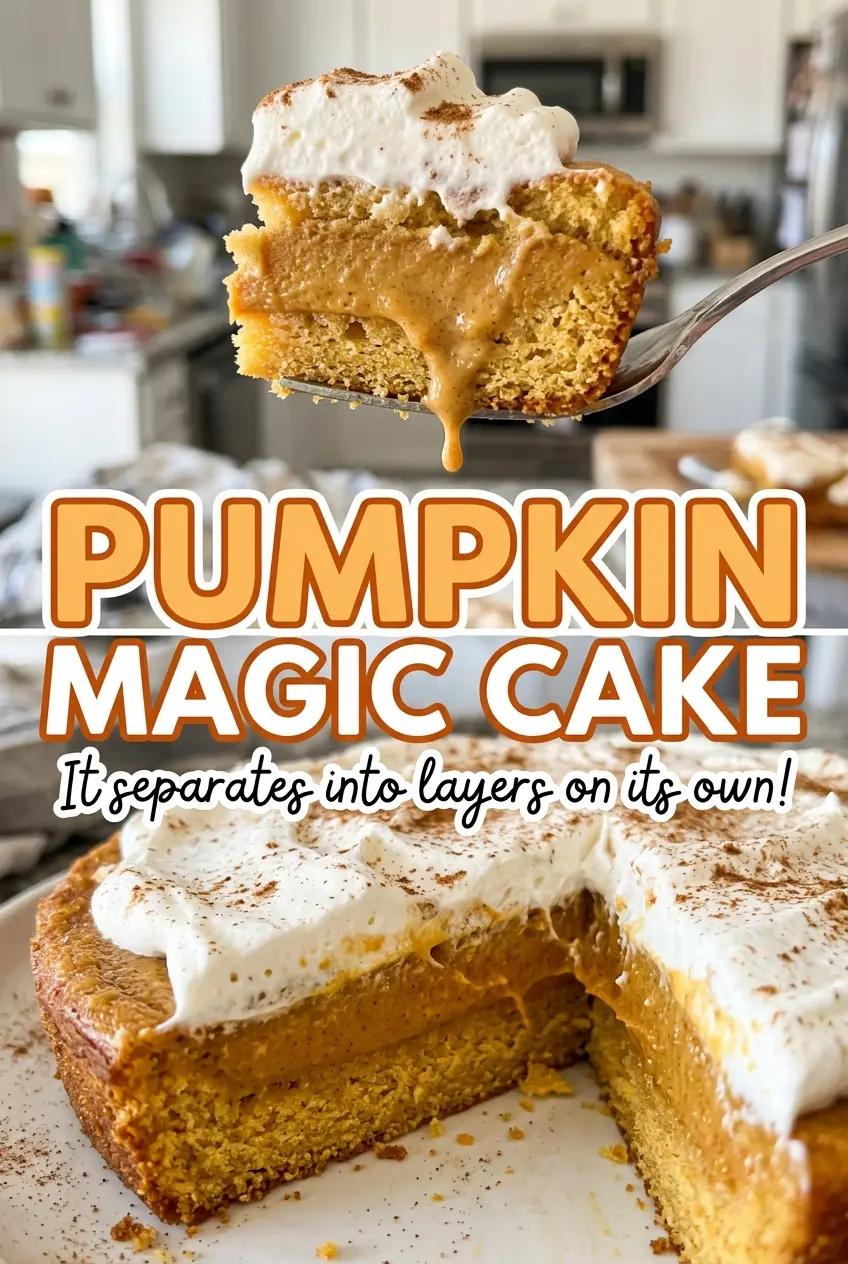 Pumpkin Magic Cake with golden layers