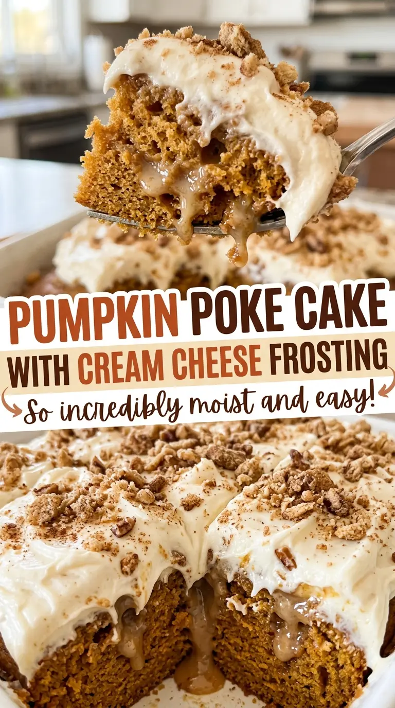 Pumpkin poke cake with cream cheese frosting, spiced cake and silky filling