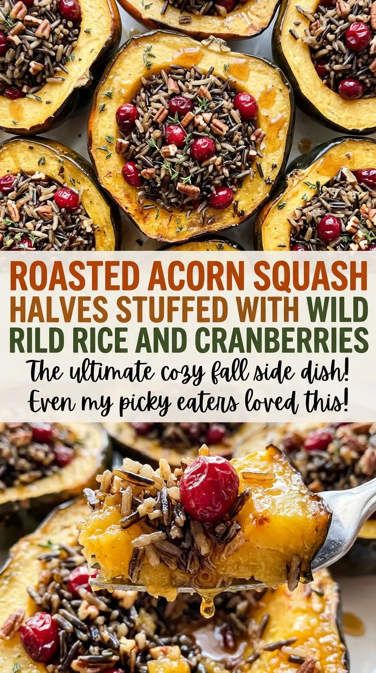 Roasted acorn squash halves stuffed with wild rice and cranberries, tender and nutty