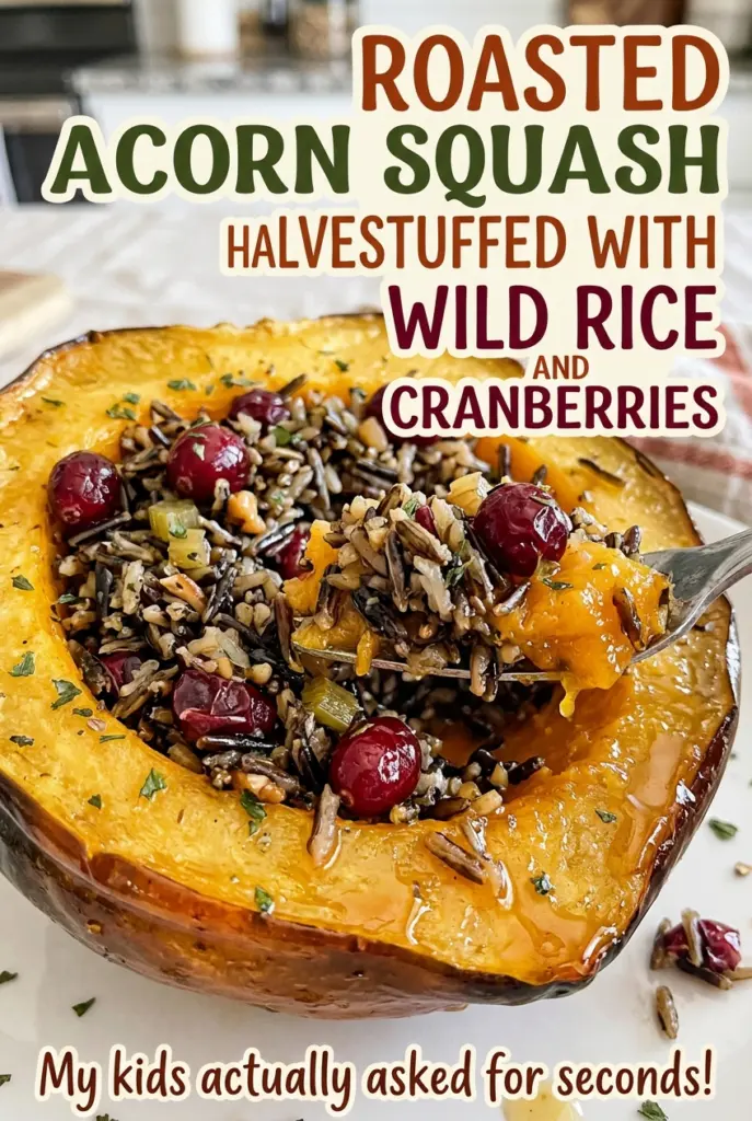 Roasted Acorn Squash Halves Stuffed with Wild Rice and Cranberries