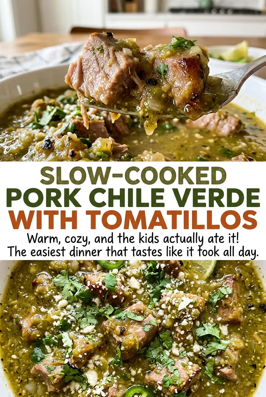 Slow-Cooked Pork Chile Verde with Tomatillos, roasted and tender