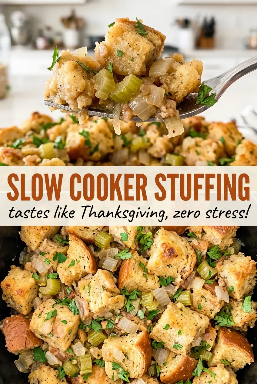 Slow Cooker Stuffing tender herb-flecked golden