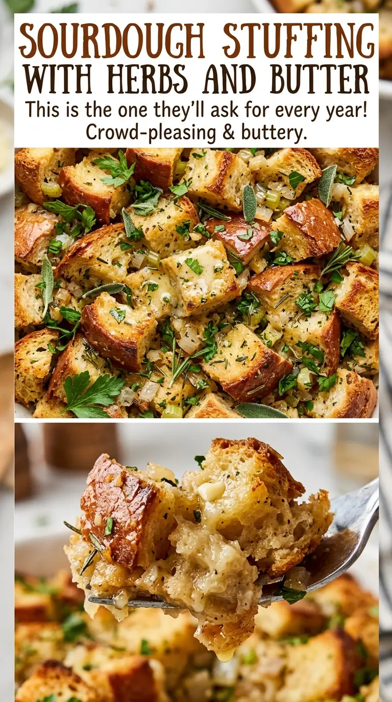 Sourdough stuffing with herbs and butter, savory golden bake