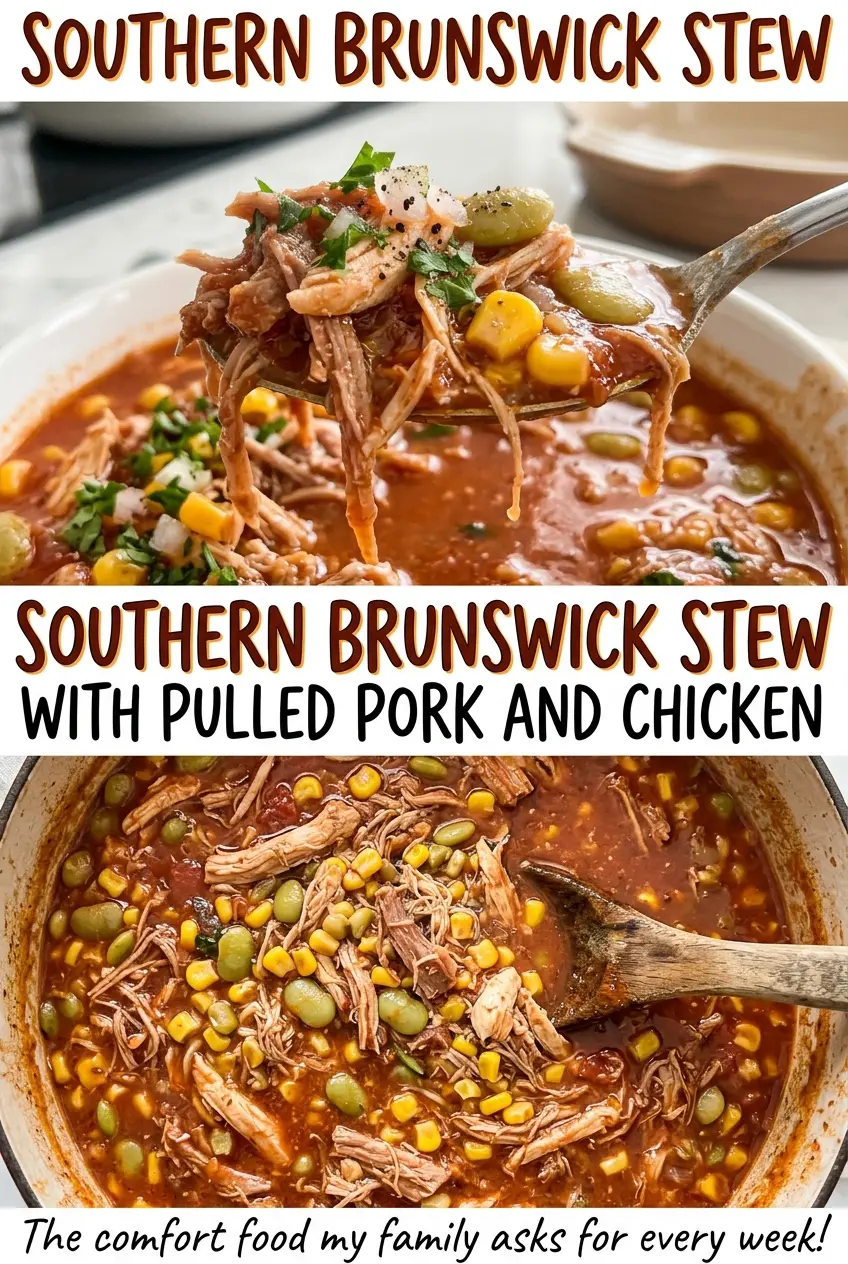 Southern Brunswick stew with pulled pork and chicken, thick tomato broth