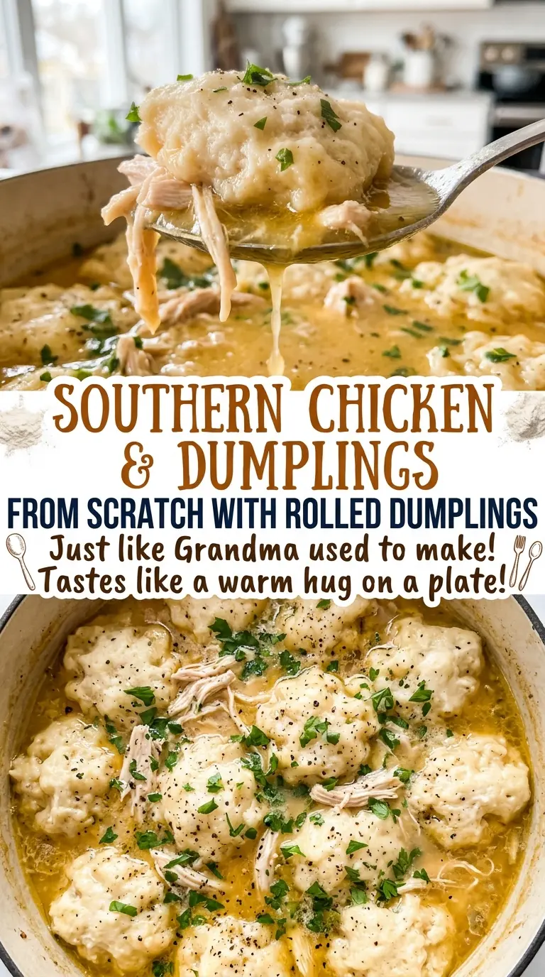 Southern chicken and dumplings with thick broth and soft dumplings