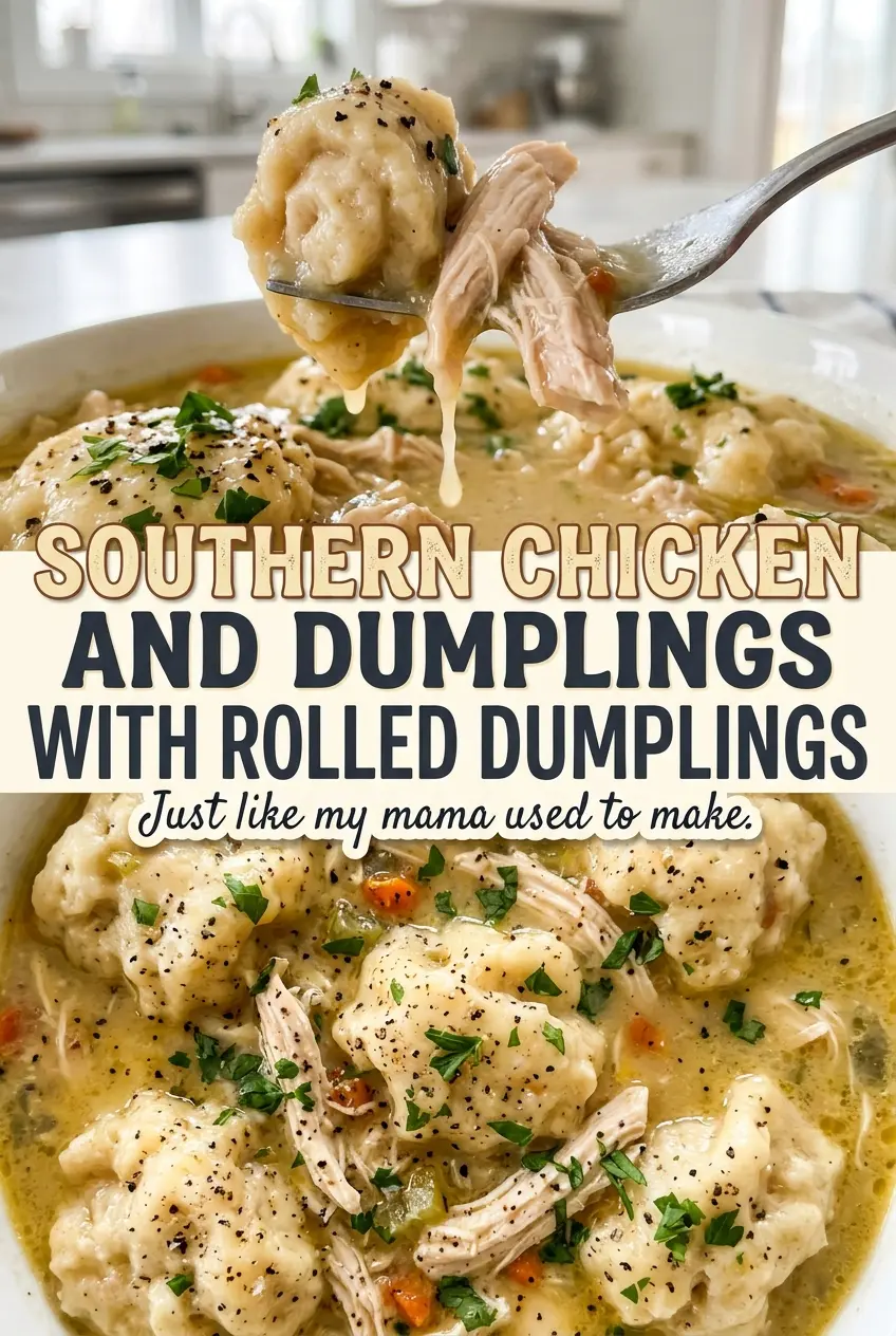 Southern chicken and dumplings with tender rolled strips