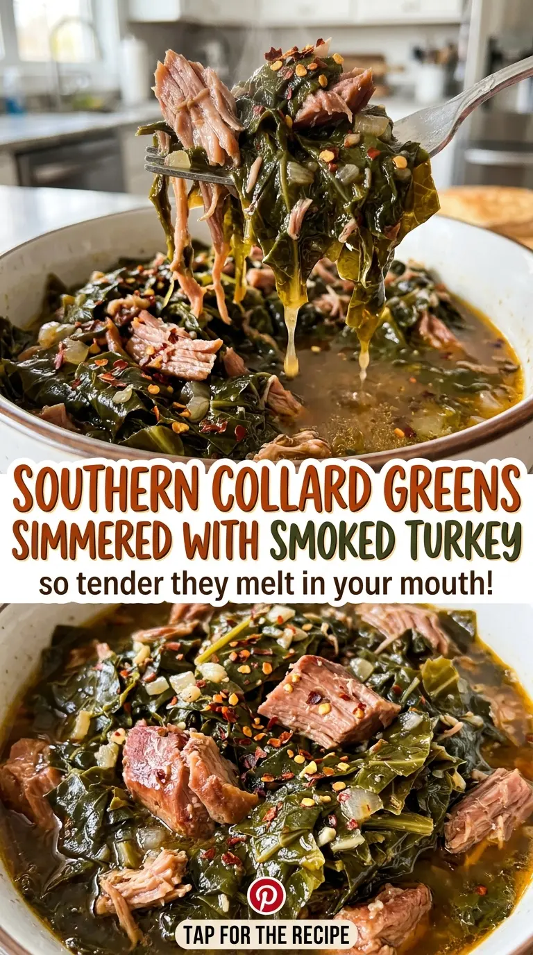 Southern collard greens simmered with smoked turkey, tender and savory