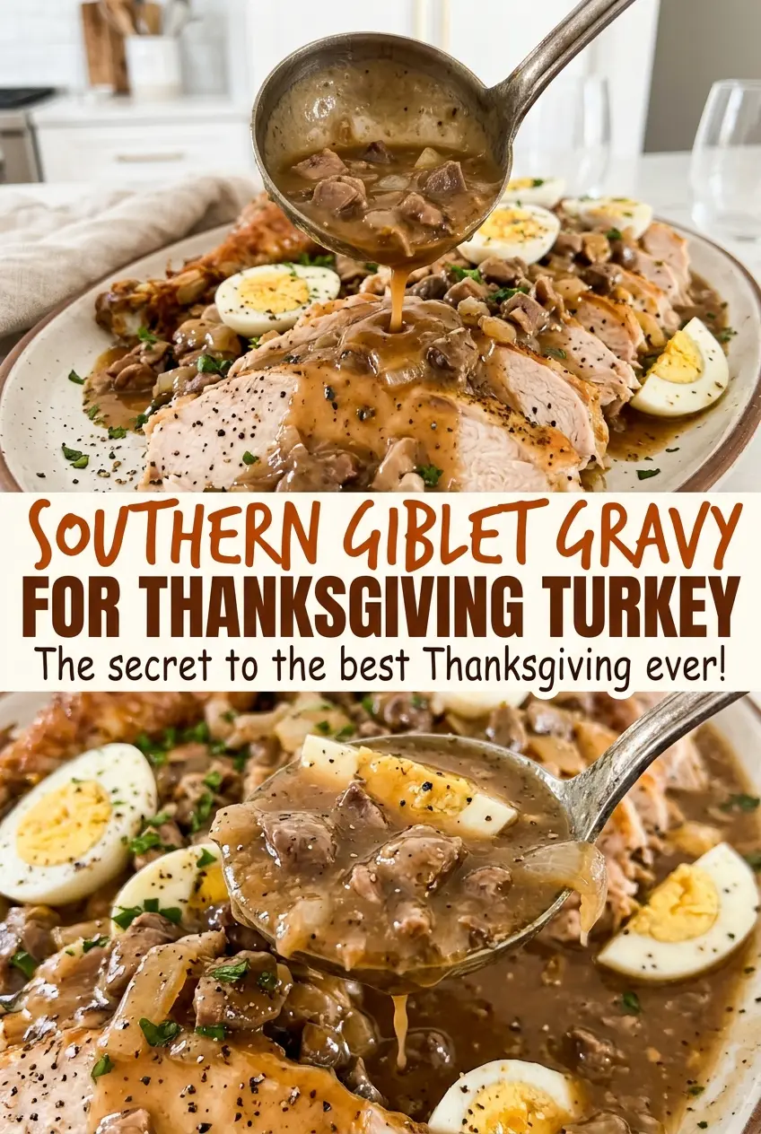 Southern giblet gravy for Thanksgiving turkey, rich and savory