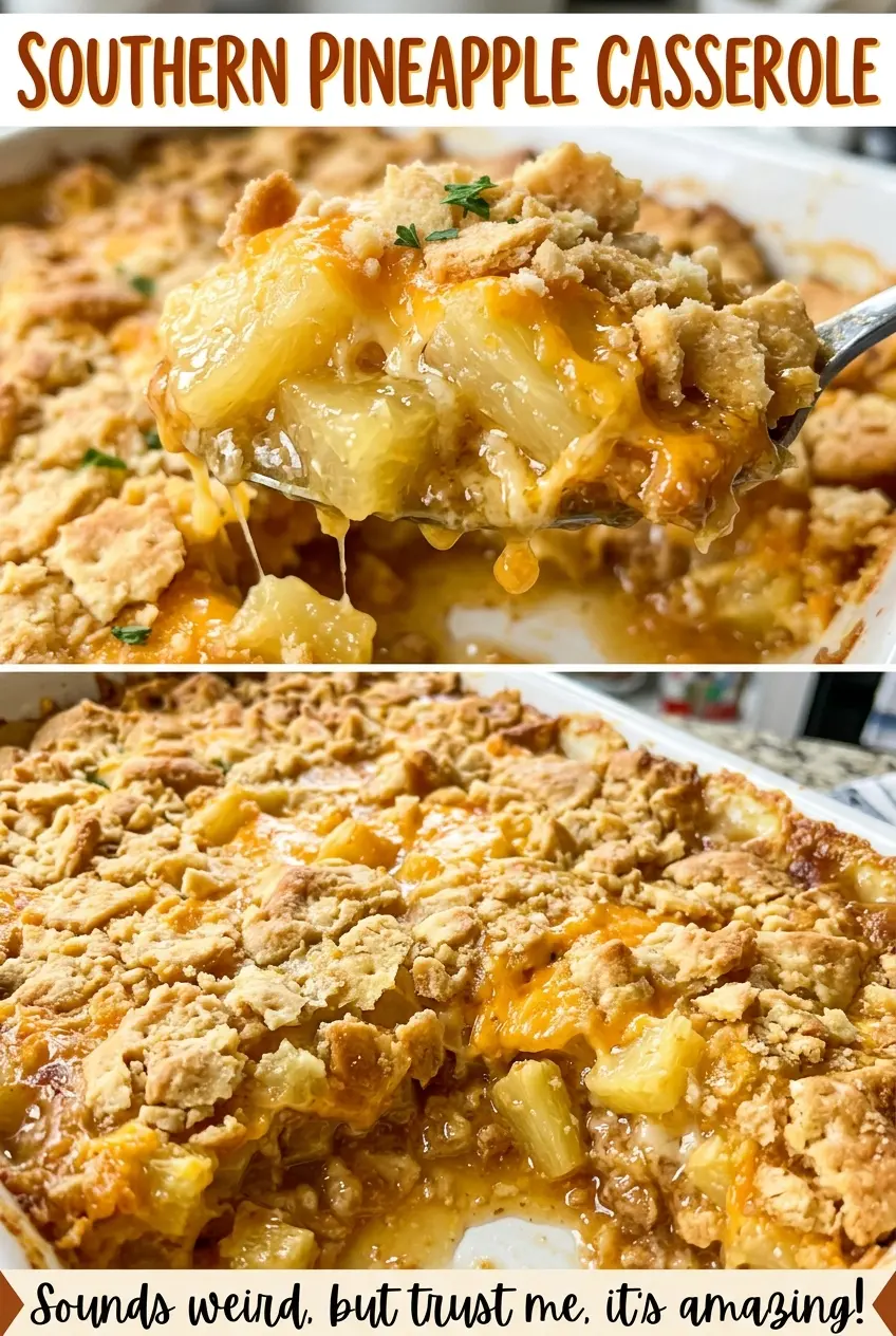 Southern Pineapple Casserole golden bubbling top