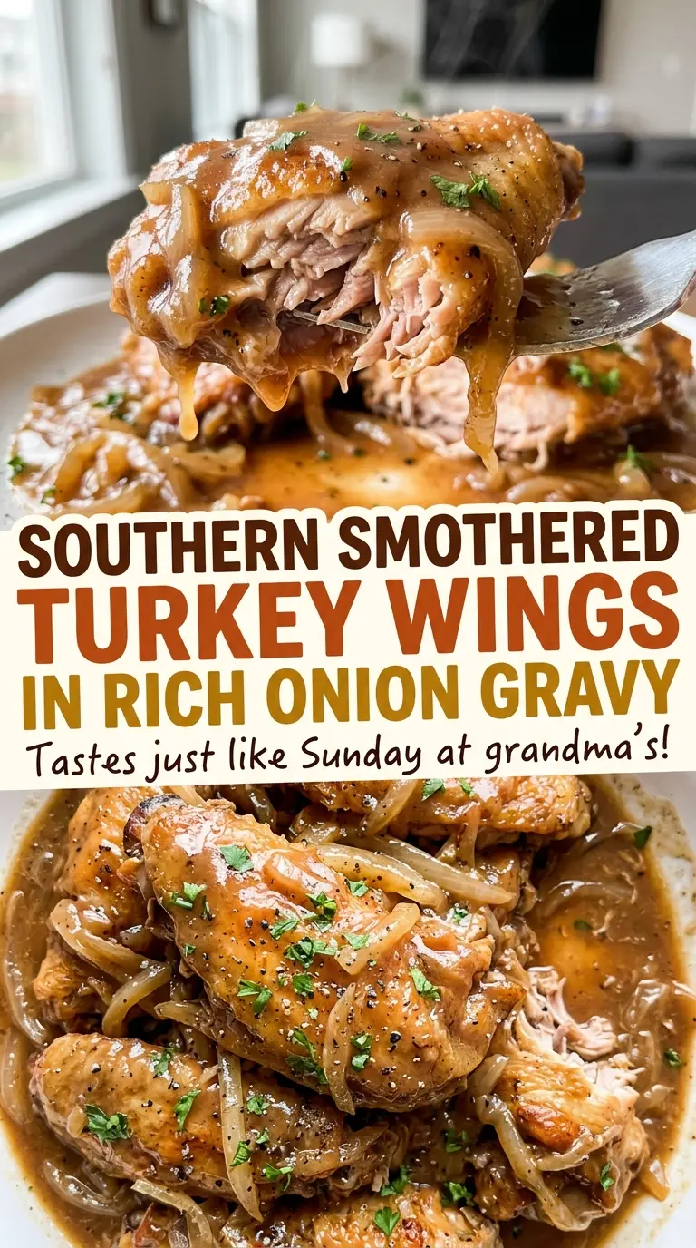 Southern Smothered Turkey Wings in Rich Onion Gravy, browned and tender