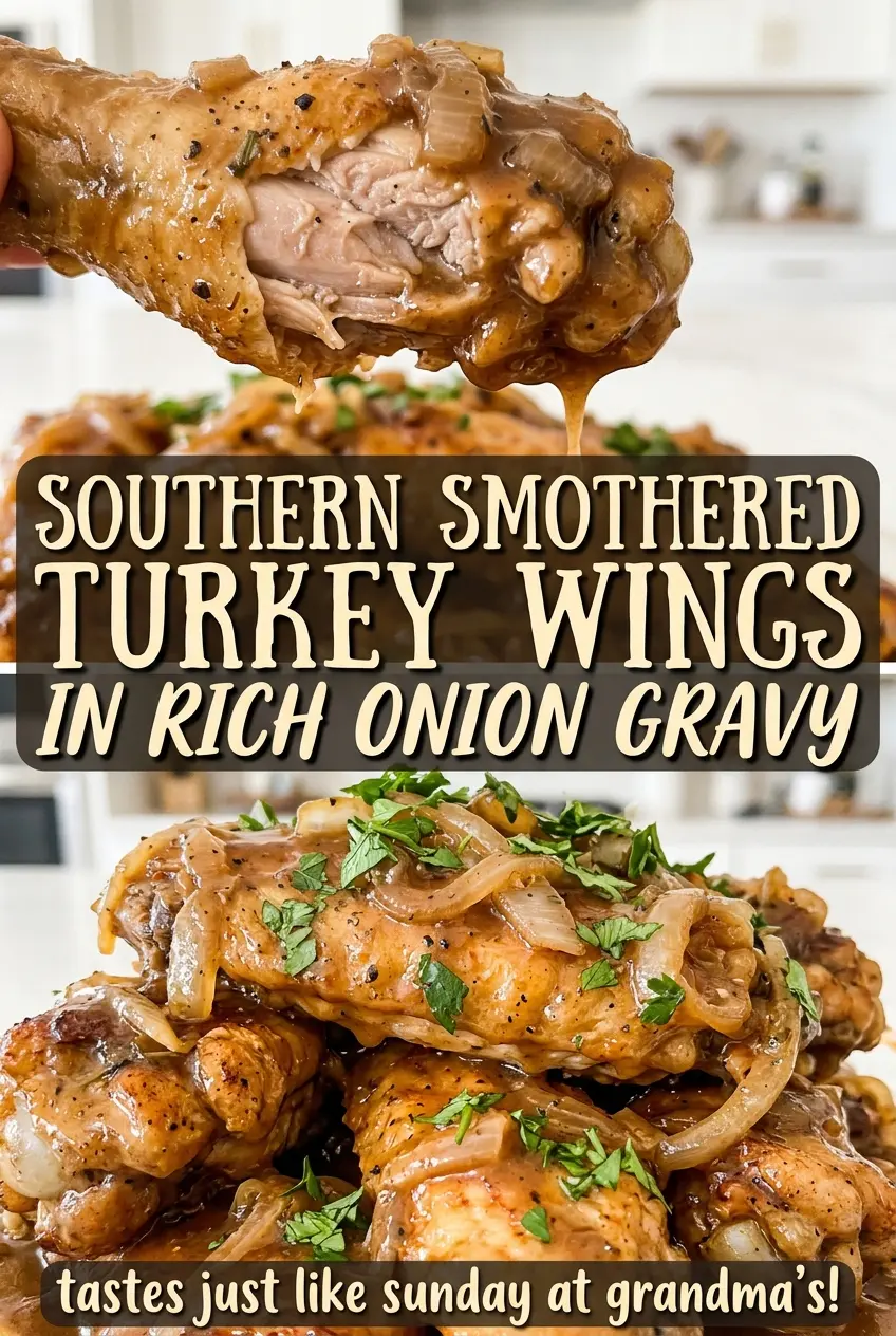 Southern Smothered Turkey Wings in Rich Onion Gravy, browned and tender