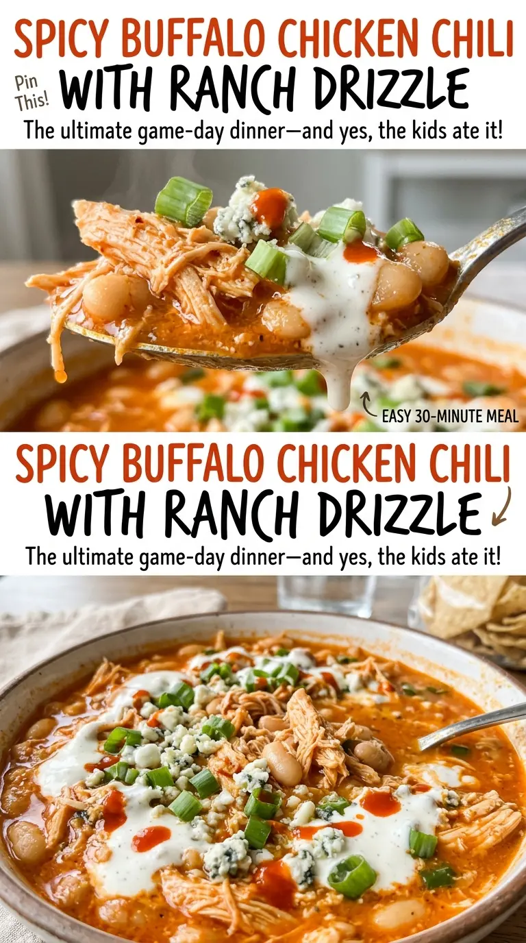 Spicy Buffalo Chicken Chili with Ranch Drizzle, spicy creamy finish