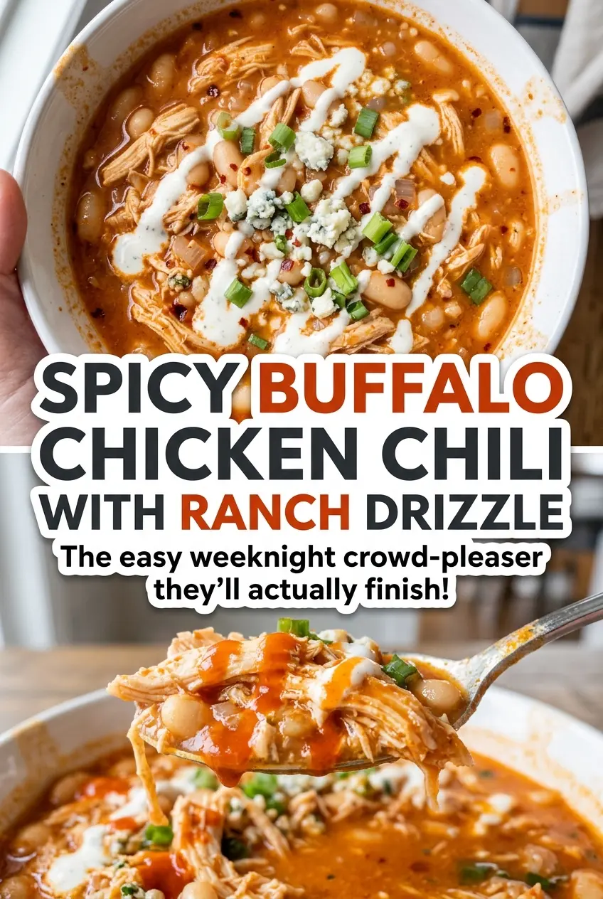 Spicy Buffalo Chicken Chili with Ranch Drizzle, hearty bean-filled bowls
