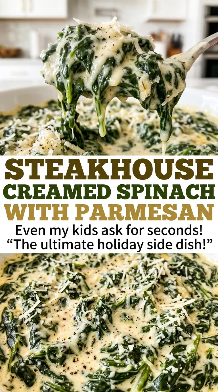 Steakhouse creamed spinach with Parmesan, rich and tender