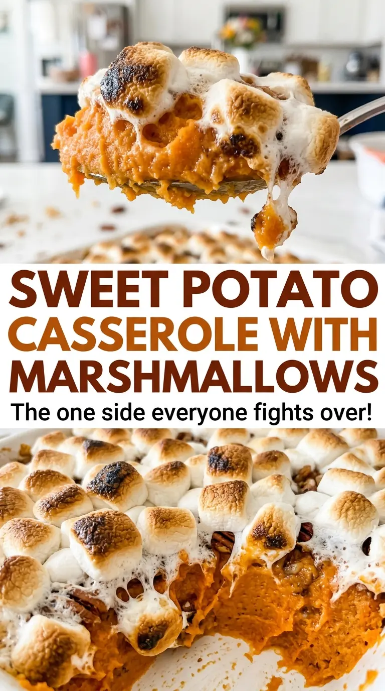 Sweet potato casserole with marshmallows, fluffy golden topping
