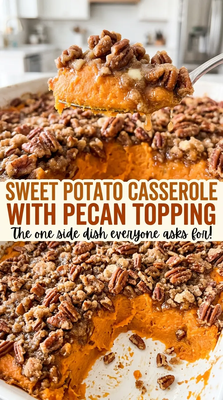 Sweet potato casserole with pecan topping, creamy and crisp