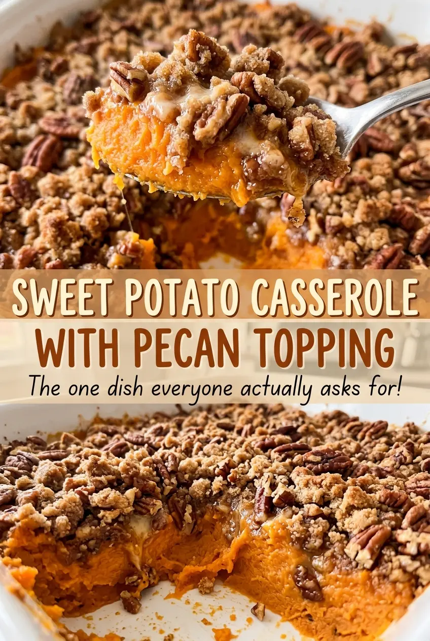 Sweet potato casserole with pecan topping, golden and crumbly
